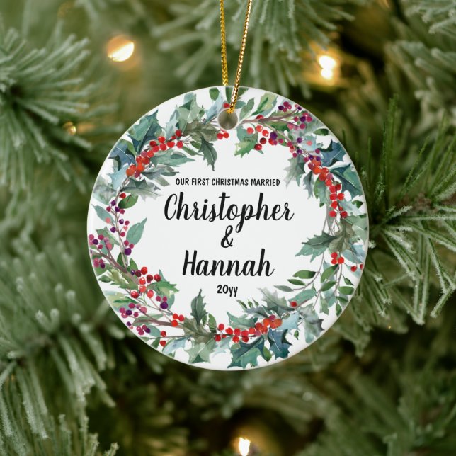 Personalised Our First Christmas Married Gift Tree Ceramic Ornament (Tree)