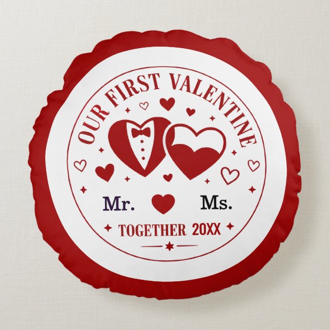 Personalised "Our First Valentine" Mr. & Ms.  Round Cushion (Front)