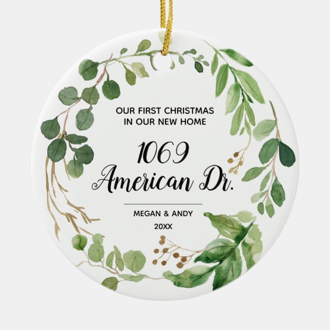 Personalised Our New Home greenery Christmas Ceramic Ornament (Front)
