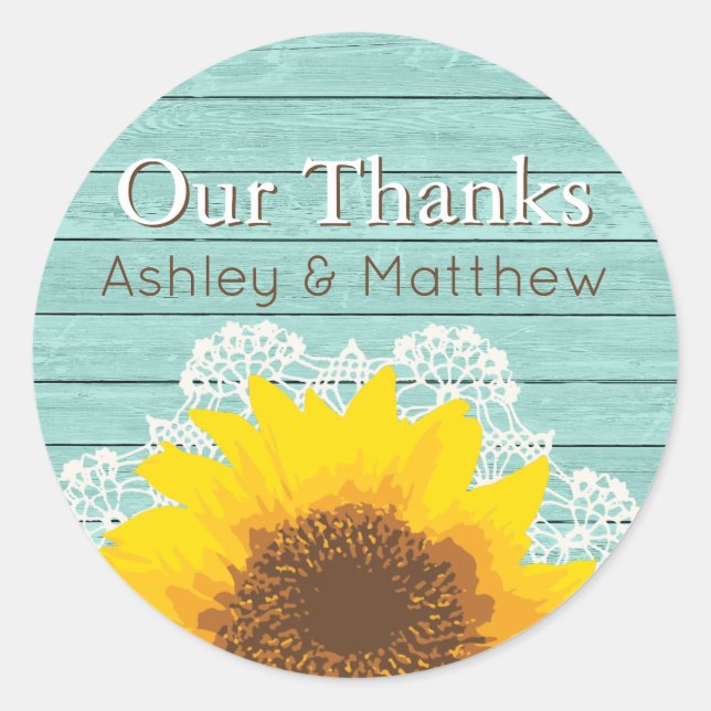 Personalised Our Thanks Sunflower & Lace Classic Round Sticker (Front)