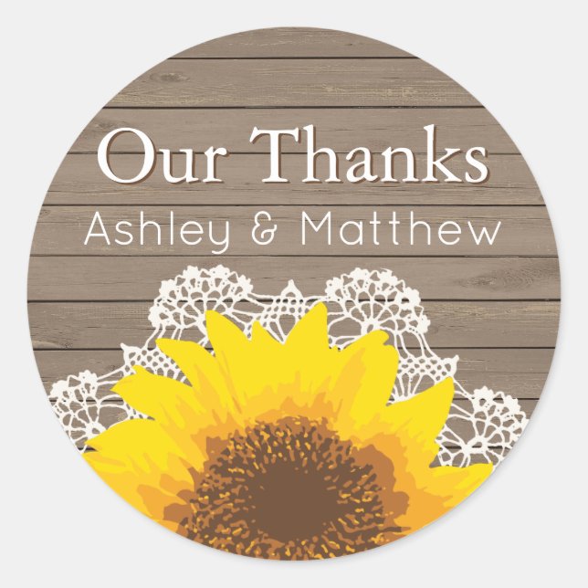 Personalised Our Thanks Sunflower & Lace Classic Round Sticker (Front)