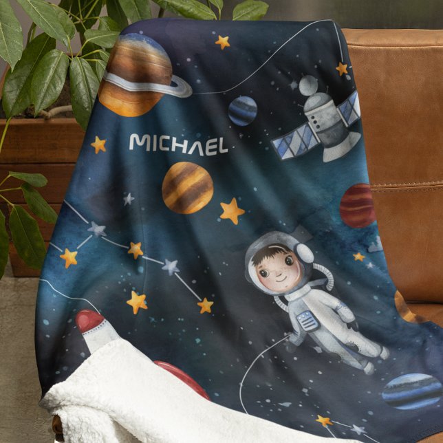 Personalised Outer Space Astronaut Shuttle Sherpa Blanket (Outer Space Astronaut Boy Personalized Sherpa Blanket)