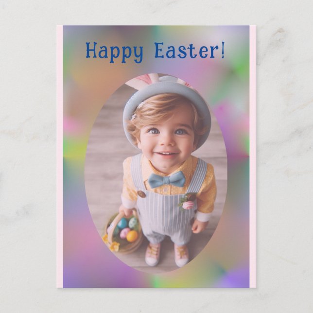 Personalised Oval Photo Rainbow Blue Happy Easter Holiday Postcard (Front)