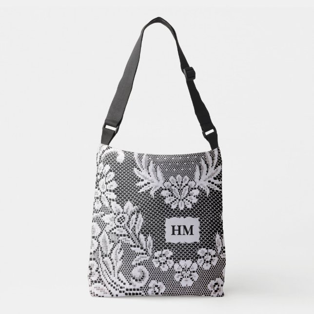 Personalised Over-all Floral Lace B&W Tote Bag (Front)