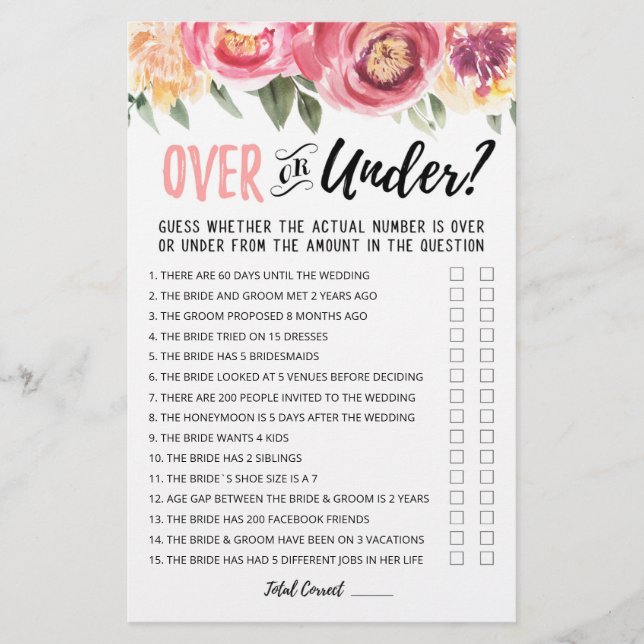 Personalised Over or Under Bridal Shower game (Front)