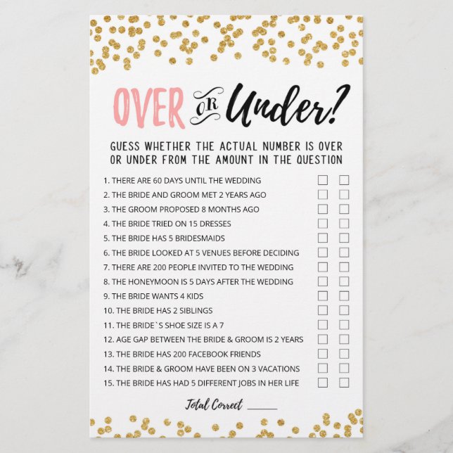 Personalised Over or Under Bridal Shower game (Front)