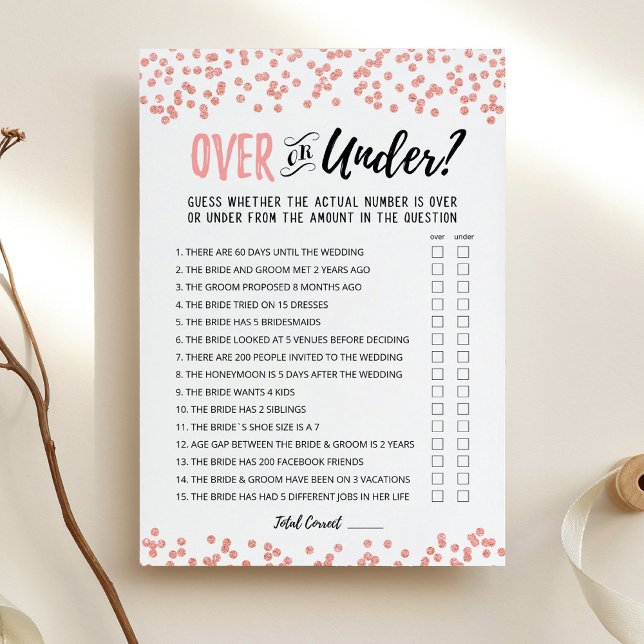 Personalised Over or Under Bridal Shower game Card (Creator Uploaded)