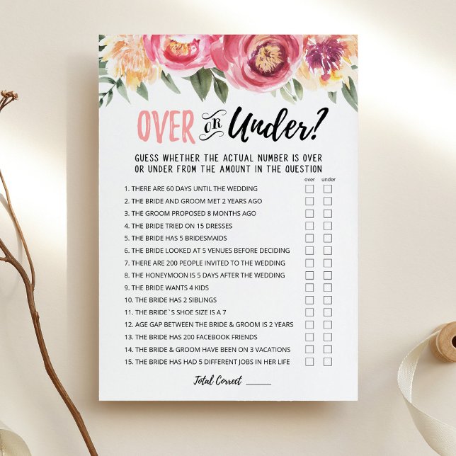 Personalised Over or Under Bridal Shower game Card (Creator Uploaded)