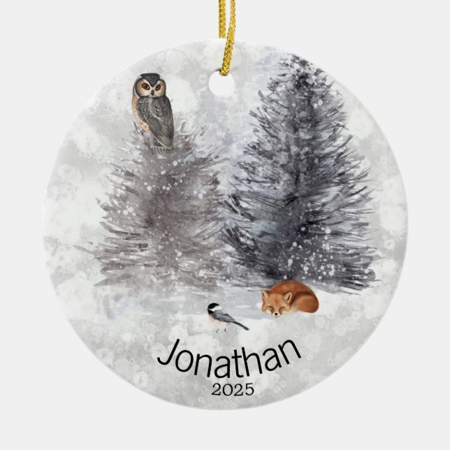 Personalised Owl Bird Fox Winter Cabin    Ceramic Ornament (Front)