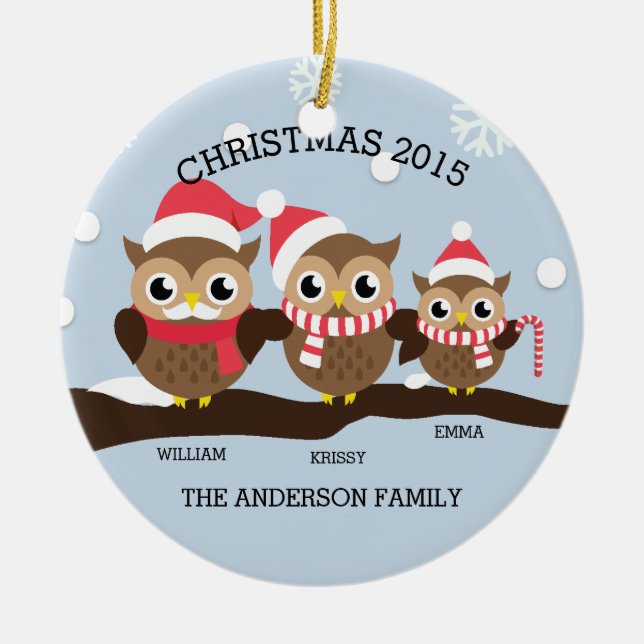 Personalised Owl Family Of 3 Christmas Ceramic Ornament (Front)