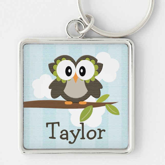 Personalised Owl Keychain Keyring Blue (Front)