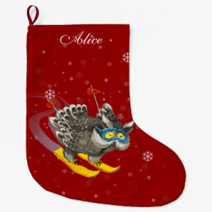 Personalised owl skiing red large christmas stocking