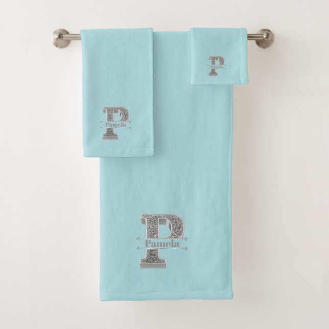 Personalised P Initial Silver Monogram Your Name B Bath Towel Set (Insitu)