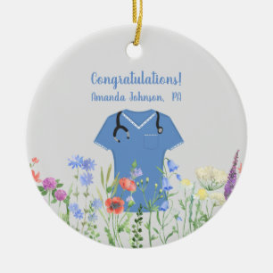 Personalised PA Physician Assistant Blue Scrubs Ceramic Ornament