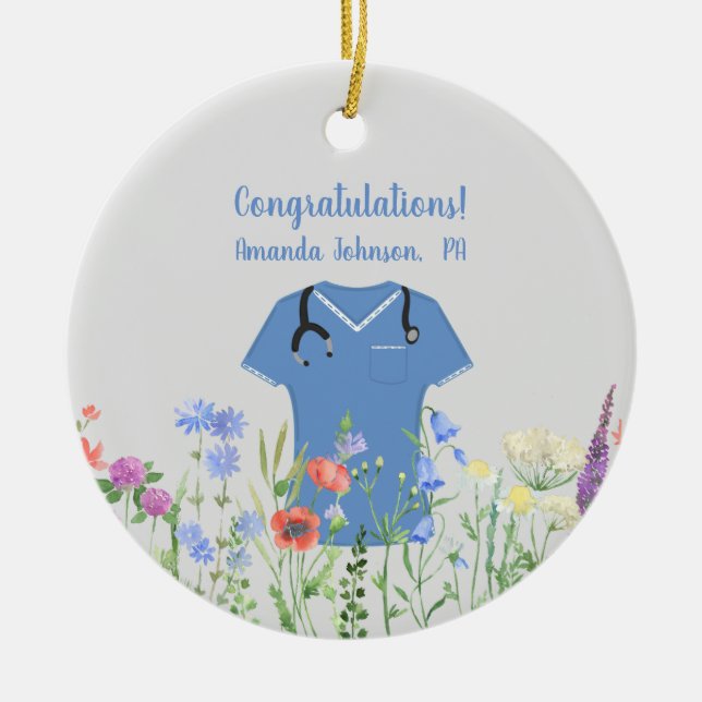 Personalised PA Physician Assistant Blue Scrubs Ceramic Ornament (Front)