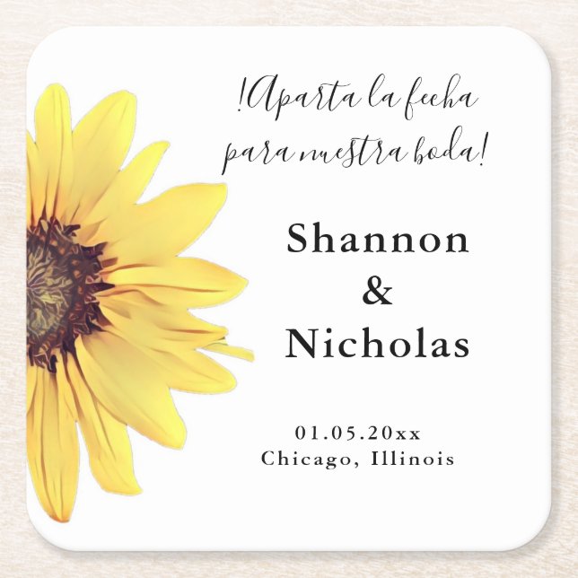 Personalised Painted Sunflower Aparta la Fecha Square Paper Coaster (Front)