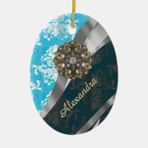 Personalised pale blue pretty girly damask pattern ceramic ornament