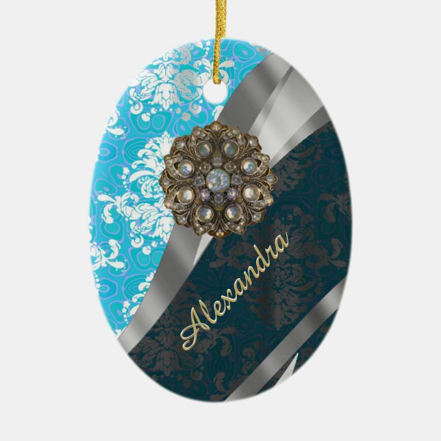 Personalised pale blue pretty girly damask pattern ceramic ornament (Front)