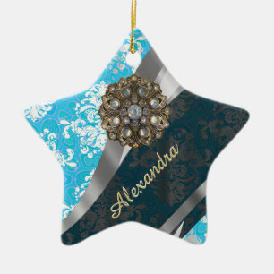 Personalised pale blue pretty girly damask pattern ceramic tree decoration