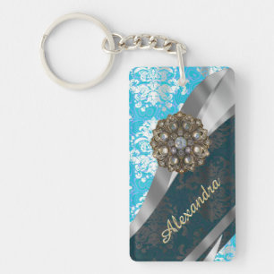 Personalised pale blue pretty girly damask pattern key ring