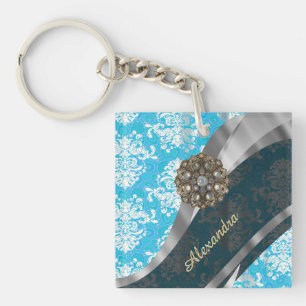 Personalised pale blue pretty girly damask pattern key ring