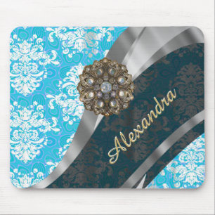 Personalised pale blue pretty girly damask pattern mouse pad
