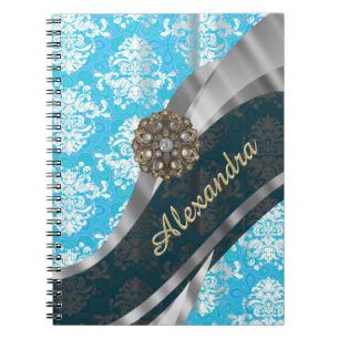 Personalised pale blue pretty girly damask pattern notebook