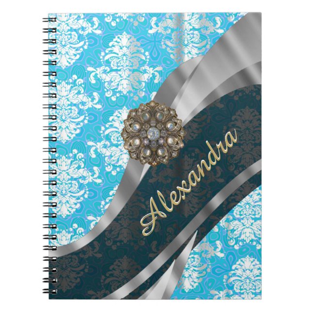 Personalised pale blue pretty girly damask pattern notebook (Front)