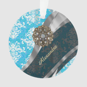 Personalised pale blue pretty girly damask pattern ornament