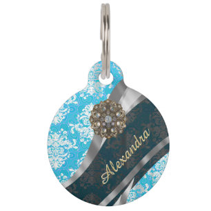 Personalised pale blue pretty girly damask pattern pet tag