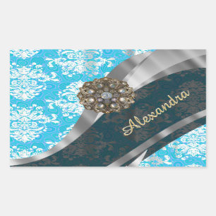 Personalised pale blue pretty girly damask pattern rectangular sticker