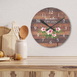 Personalised Pallet Wood And Pink Floral Kitchen Round Clock<br><div class="desc">Rustic kitchen clock to personalise. Rustic wood and  watercolor floral illustration adds a country style look.</div>