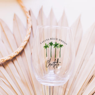Personalised Palm Tree Bachelorette Party Stemless Wine Glass