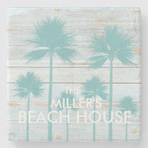 Personalised Palm Tree Beach House Stone Coaster