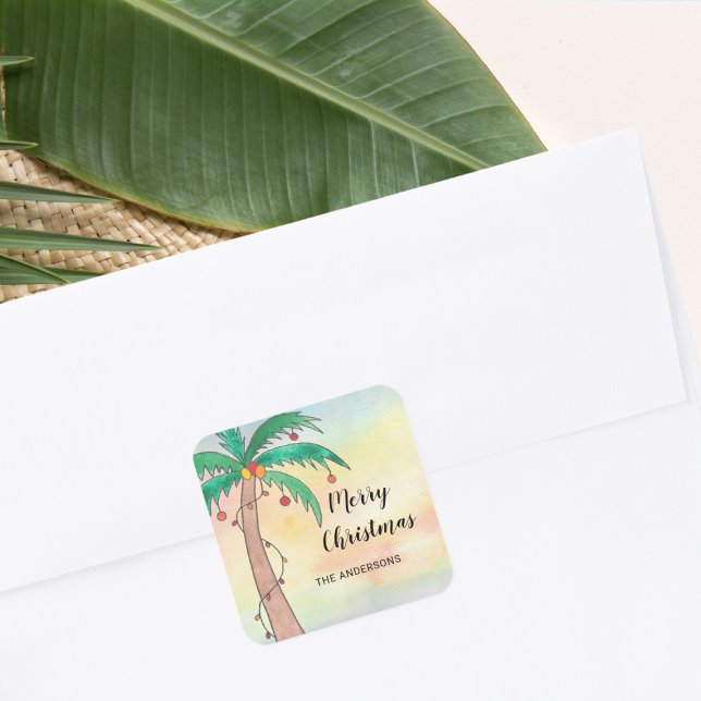 Personalised Palm Tree Merry Christmas  Square Sticker (Creator Uploaded)