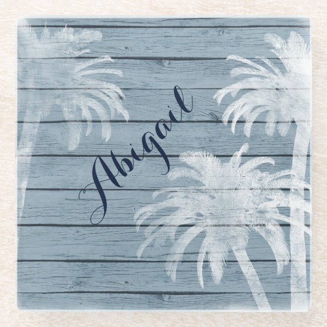Personalised Palm Trees on Rustic Wood Beach Glass Coaster (Front)