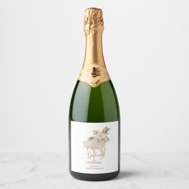 Personalised Palms and Prosecco Bridal Shower Sparkling Wine Label (Front)