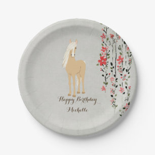 Personalised Palomino Pony Flowers Horse Birthday Paper Plate