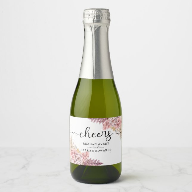 Personalised Pampas Grass Floral Cheers Wedding Sparkling Wine Label (Front)