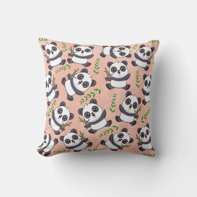 Personalised Panda Bamboo Leaf Pink Background Cushion (Front)
