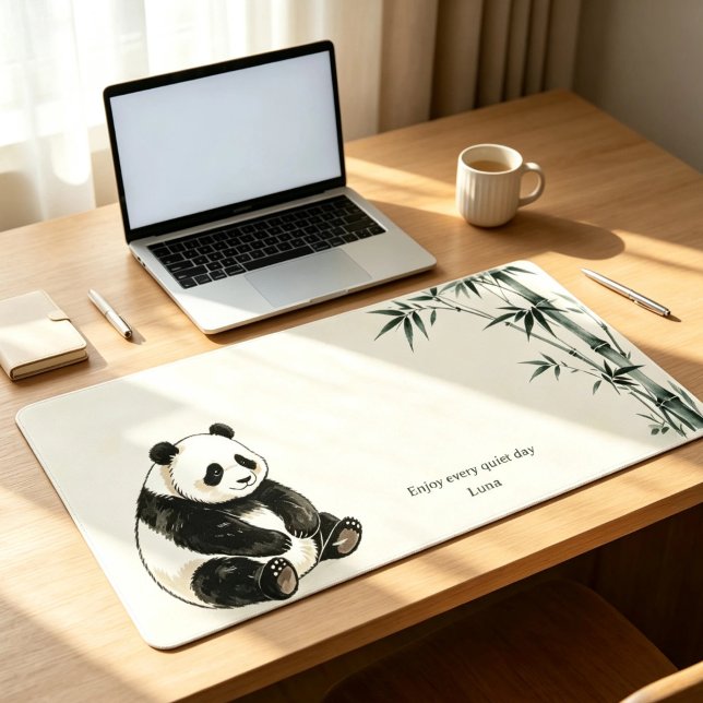 Personalised Panda Bamboo Office Desk Mat (Personalized panda bamboo desk mat with name, featuring cute watercolor panda and bamboo art.)