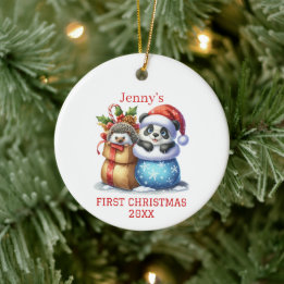 Personalised Panda Bear and Hedgehog Cub Christmas Ceramic Ornament