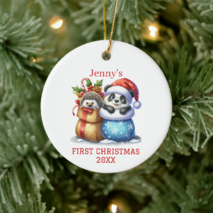 Personalised Panda Bear and Hedgehog Cub Christmas Ceramic Ornament