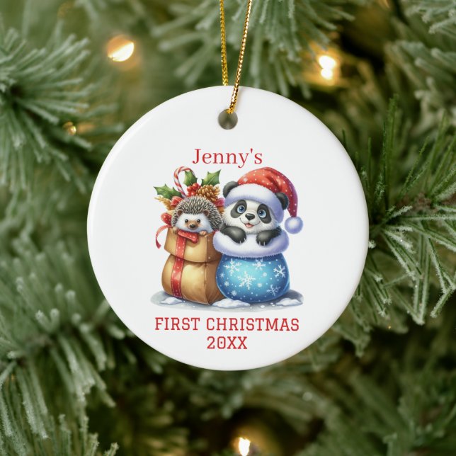 Personalised Panda Bear and Hedgehog Cub Christmas Ceramic Ornament (Tree)