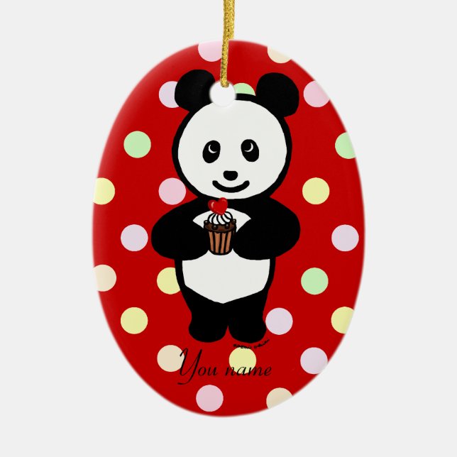 Personalised Panda Cartoon and Polka Dots Ceramic Ornament (Front)