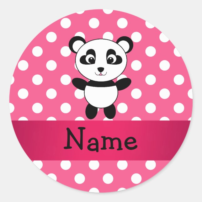 Personalised panda pink white polka dots classic round sticker (Front)