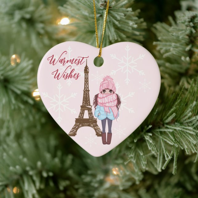 Personalised Paris Eiffel Tower Pink Christmas Ceramic Ornament (Tree)