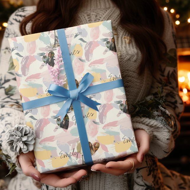 Personalised Parisian Romance with photos & names Wrapping Paper (Creator Uploaded)