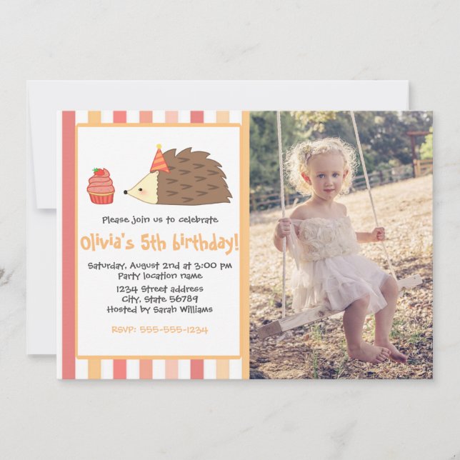 Personalised Party Hedgehog and Cupcake Invitation (Front)