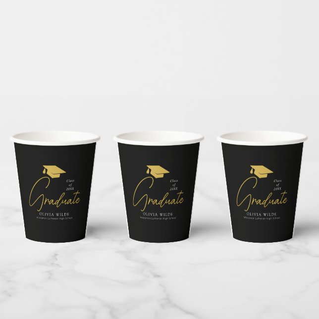 Personalised Party Ready 8oz Black Grad Paper Cups (Multi)